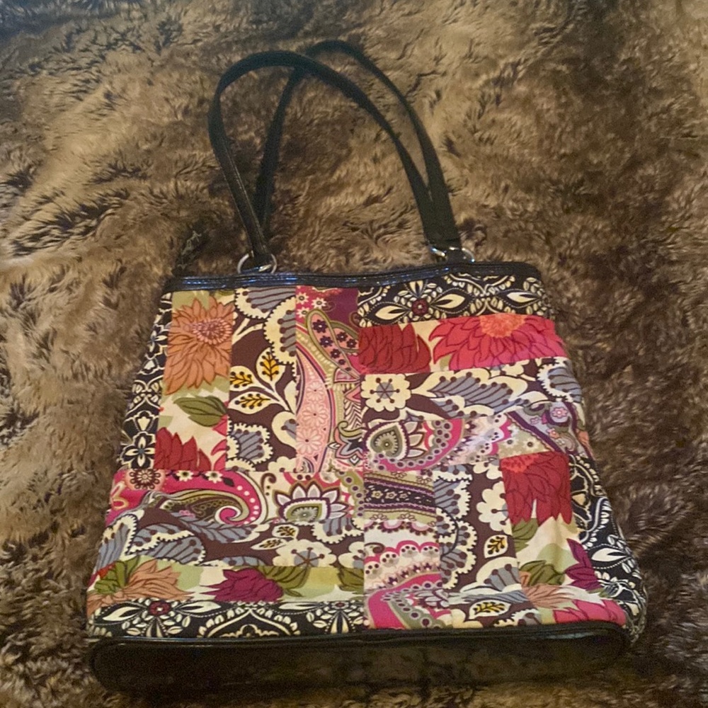 Vera Bradley, patchwork, quilted bag with faux patent leather